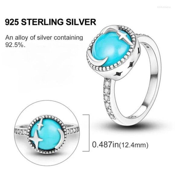 NWT Ring S925 Sterling Silver Stamped Star Moon CZ Turquoise Cabochon Sz. 6 - Picture 4 of 8